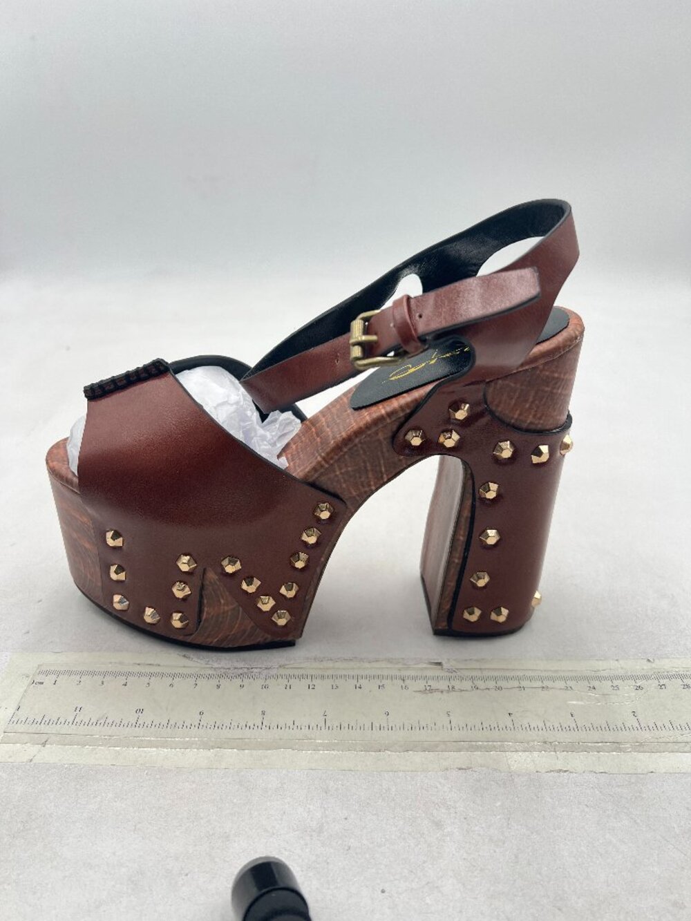 XYD Brown Wooden Block Chunky Heeled Platform Bronzed Studs Open Toe Sandals - Picture 2 of 8